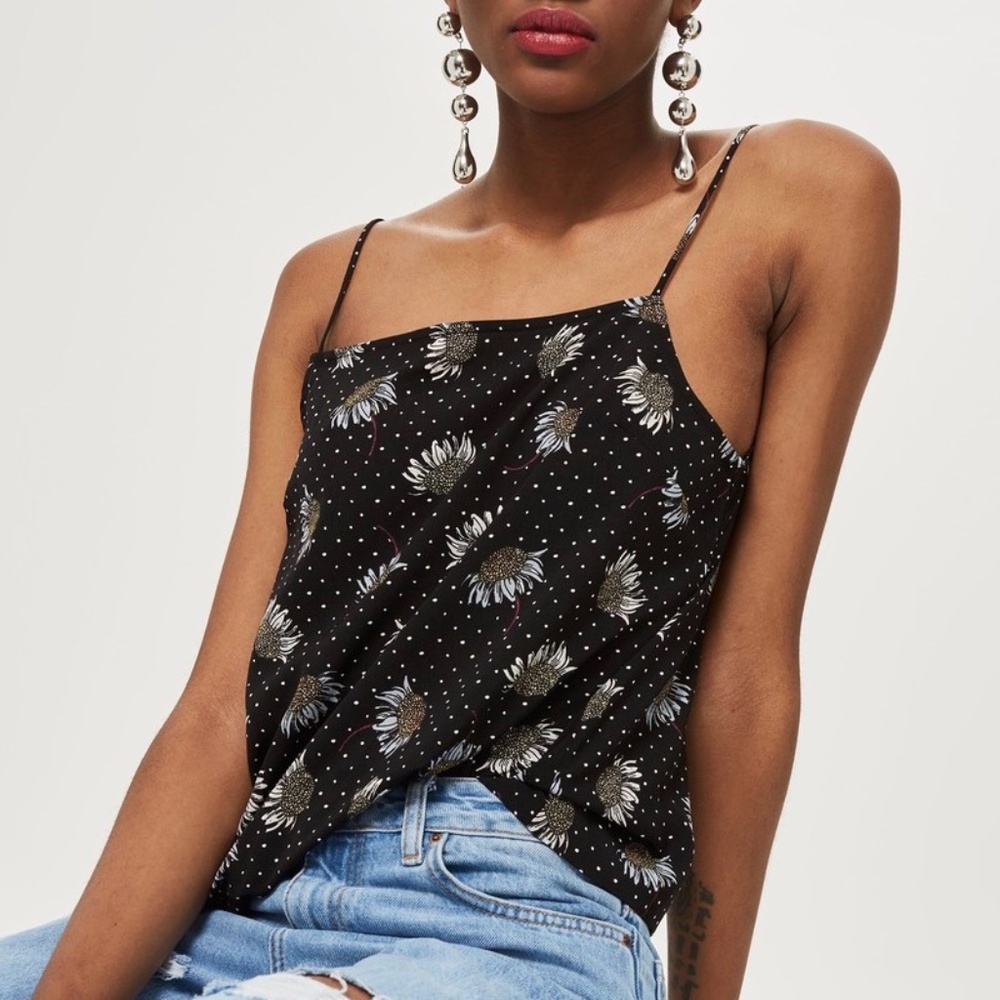 Topshop Black Polka Dot Cami Sz 6 Square Neck Daisy Floral Tank Top Whimsigoth - Picture 1 of 16
